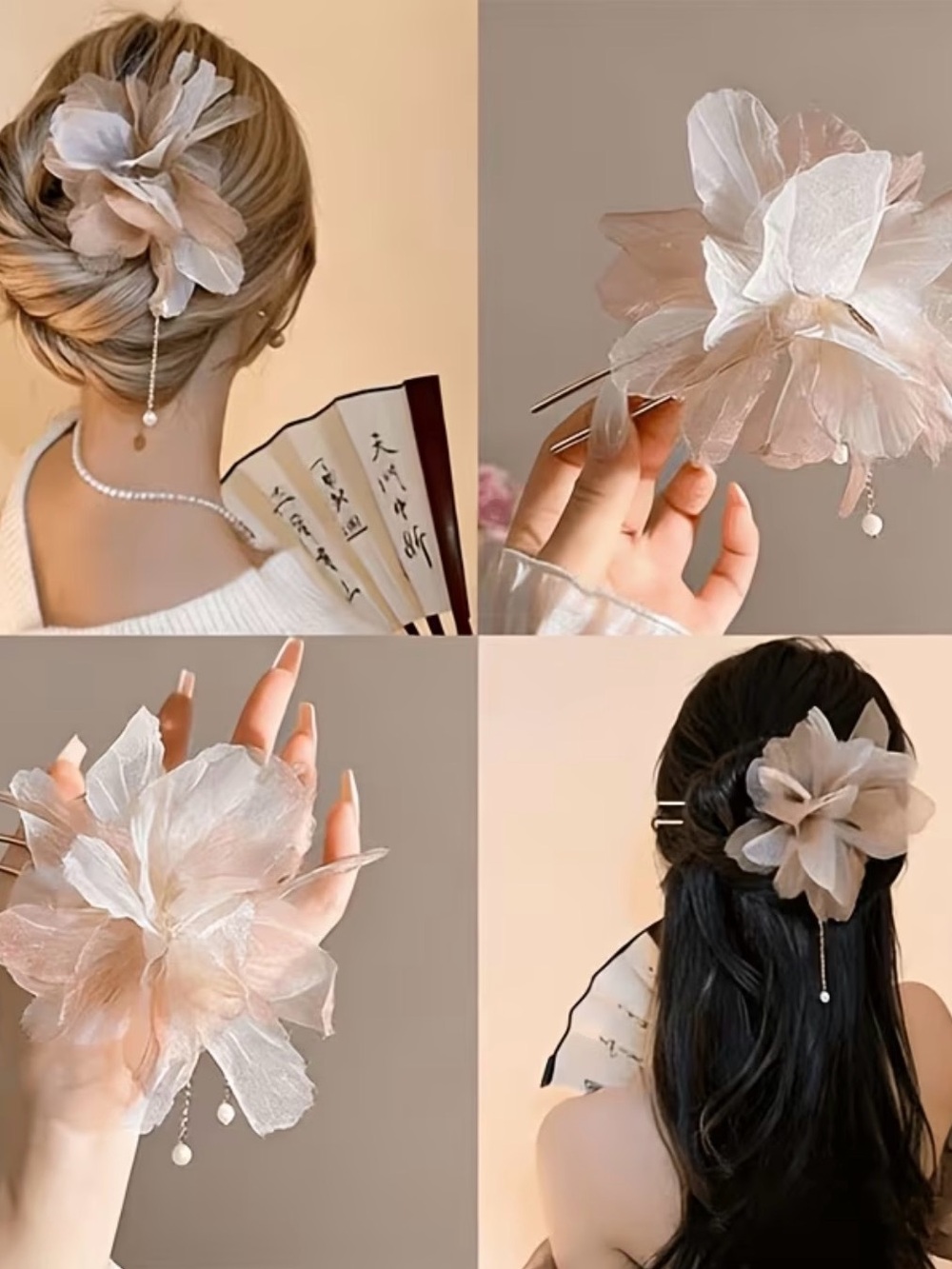 Delicate Blush Flower Hair Clip with Pearl Drop